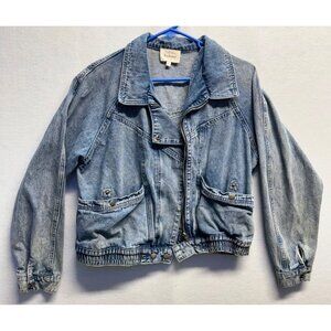 Böhme Womens Denim Jacket Distressed Light Wash Large Elastic Hem & Snap Pockets